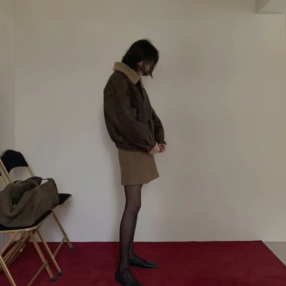 Maybebaby Faux Leather Oversized Shearling Bomber Jacket in Brown XS-M - Picture 5 of 12
